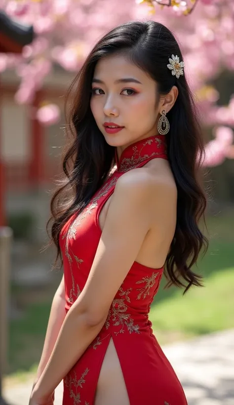 "An alluring Eastern woman, exuding sensuality and elegance, with flowing dark hair adorned with delicate ornaments, dressed in a form-fitting silk qipao that accentuates her graceful curves, standing in a serene traditional garden with soft cherry blossom...