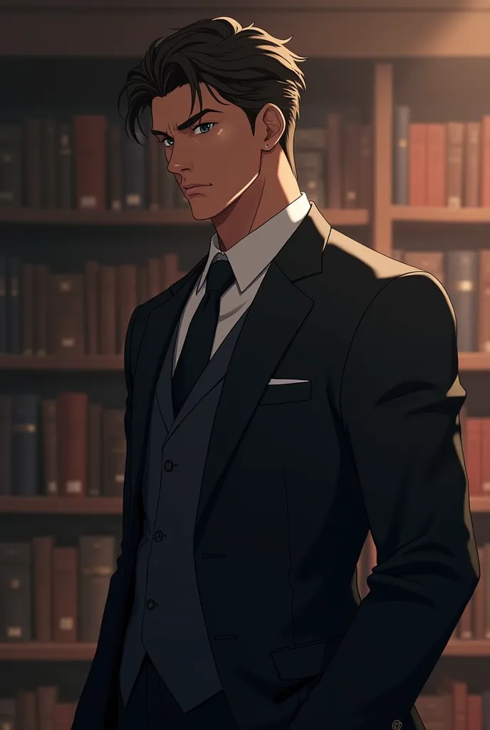 Photorealistic anime, young adult male, muscular, calm background, cinematic lighting, intricate details, greg rutkowski, wearing a suit, standing in a library, smoldering and serious gaze, cinematic lighting, fantasy background, 8k resolution, sharp focus