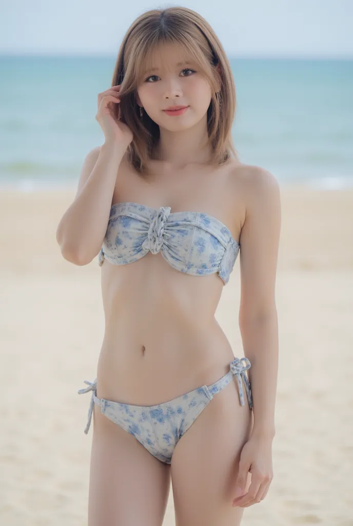 top quality, 8k,  masterpiece, Ultra High Resolution, Sandy beach background, (photorealistic to tilt your head to the left: 1.4),  original photo , 1 girl, dark brown hair, bangs, Shortcut Hair, wet body, (  Full Body Visible  ), (makeup, Open Your Legs: ...