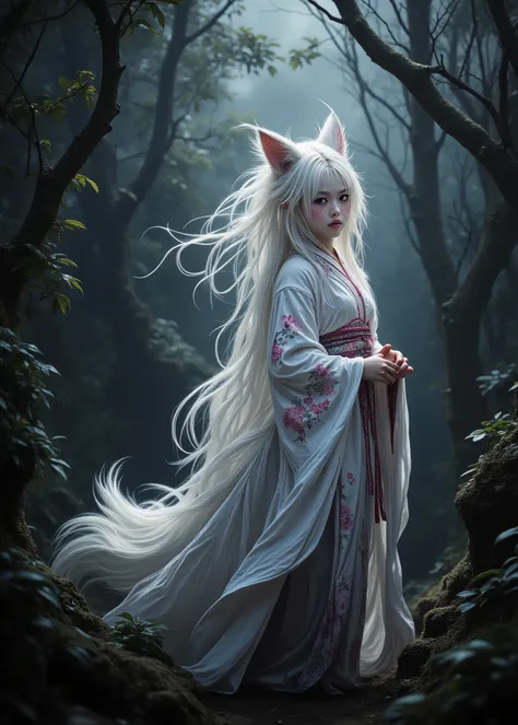 Japanese Yokai、The white fox turned into a human、pink blush with purple eyeshadow、wearing a shrine maiden costume、 into the dark forest、movie light、 realistic