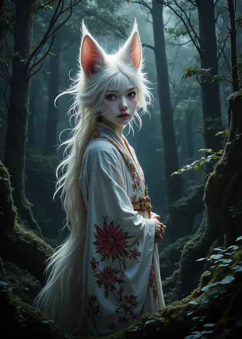 Japanese Yokai、The white fox turned into a human、pink blush with purple eyeshadow、wearing a shrine maiden costume、 into the dark forest、movie light、 realistic