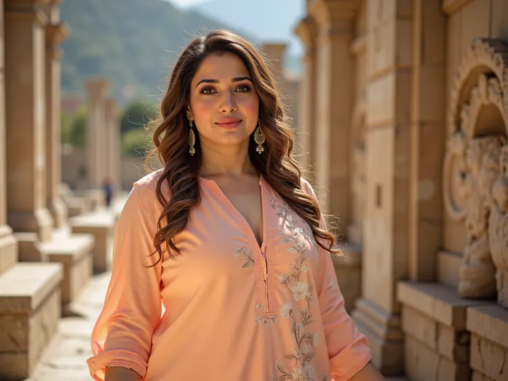 A 27 years old ,matured,american white woman with A medium sized fitted body,full figured body shape, ivory white round-shaped face.

She and her husband. She is walking through the ancient ruins of Ephesus, wearing a peach-colored kurti with delicate flor...