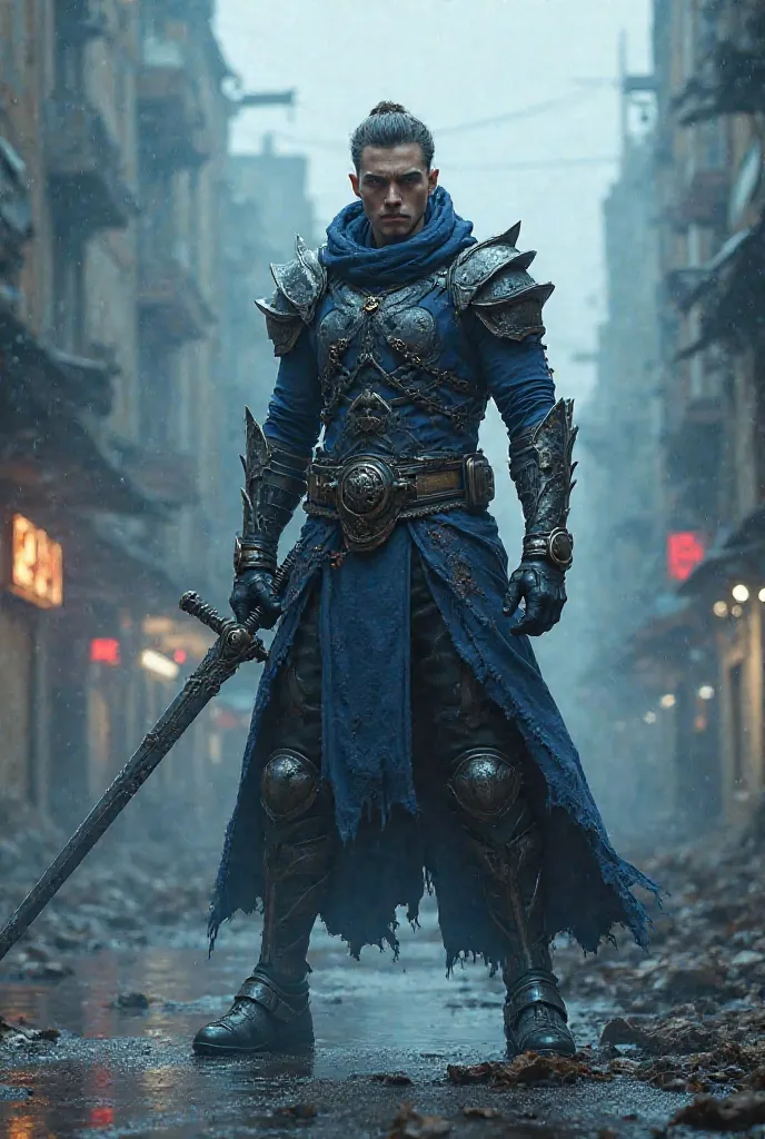 1boy,Swordsman,(with sword and apocalyp suit), apocalyp setting, Pose of sticking a sword into the ground,soft lighting,dark blue colors,realistic details,strong and muscular,action-packed, Electric blade,background of Ruined buildings and rainy city,battl...