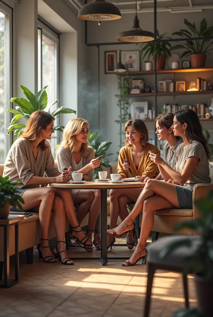  Create an image. room, two computers behind them are two blonde girls and a brunette drinking coffee. On the other side there are two more girls, brunettes near a humidor with cigars. Cigar Cult

