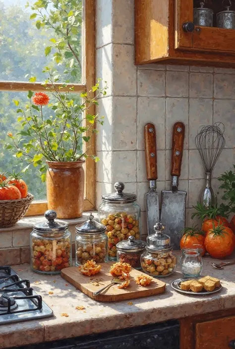 Create a painting depicting a kitchen scene with cooking utensils, cutting tools, and spice containers, set in an aesthetically pleasing kitchen atmosphere.
 