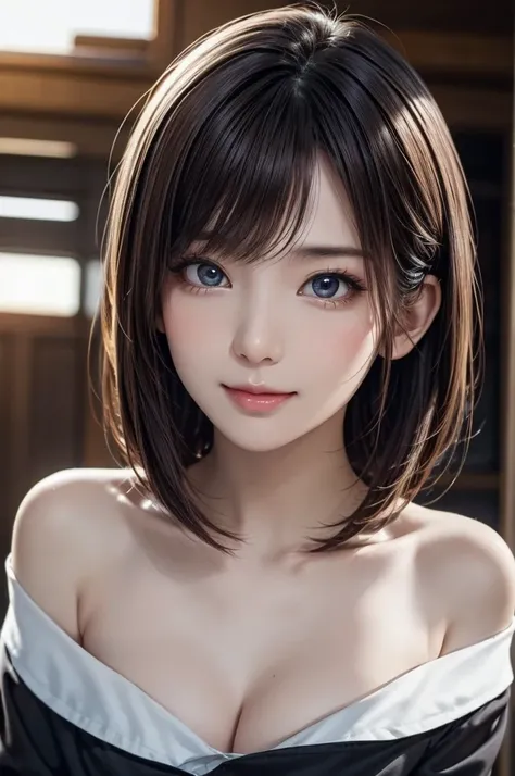 1girl, angled view, cinematic lighting, straight bob hair, ultra-realistic, highly detailed, high resolution, (high quality, masterpiece:1.2), wearing a off-shoulder blouse with ruffled sleeves, black skirt, Ultra-detailed eyes, perfect eyes, beautiful det...