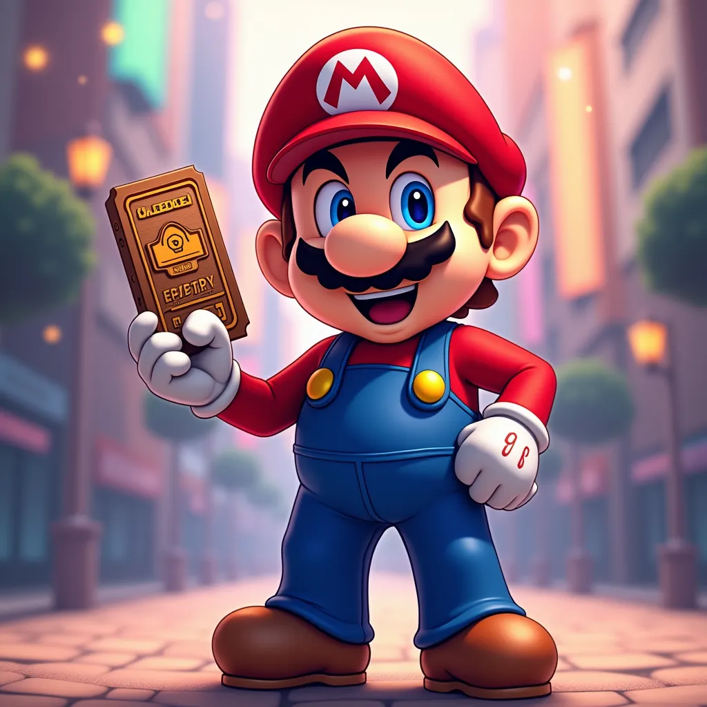 An anime-style illustration featuring Mario from the Mario Bros series. Mario is depicted in his iconic red cap and blue overalls, standing confidently with a joyful and excited expression. In his right hand, he holds a detailed, realistic event ticket—des...