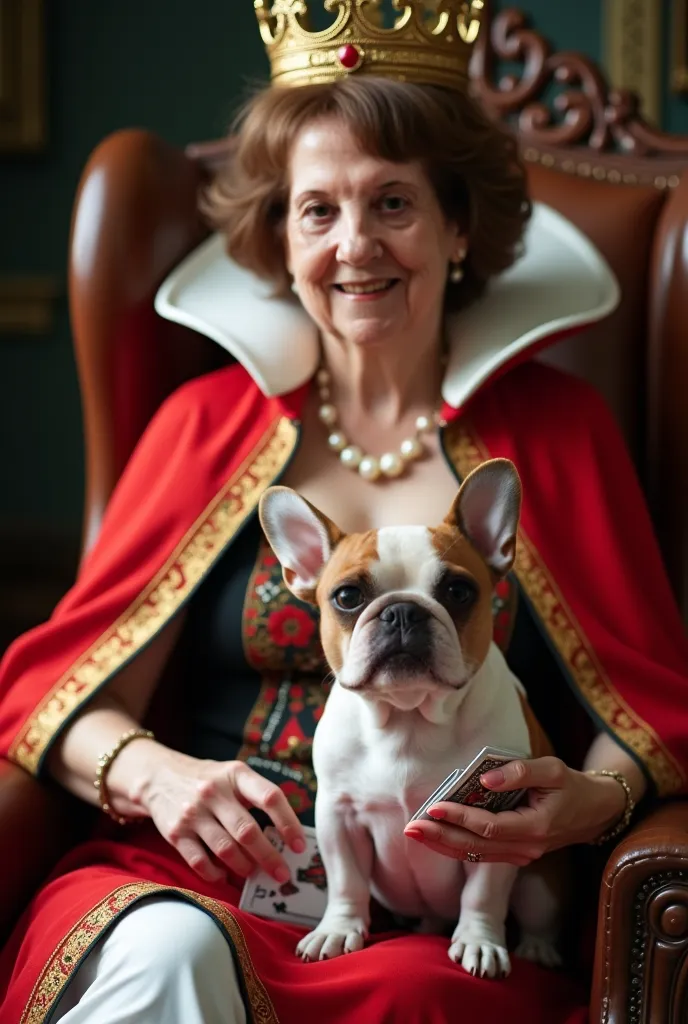 Senior woman with short brown hair dressed as a queen with a crown and a red cape sitting on a throne with a deck of cards in her right hand and with her left hand petting a white French bulldog with a brown and black face with a crown on her head and a re...