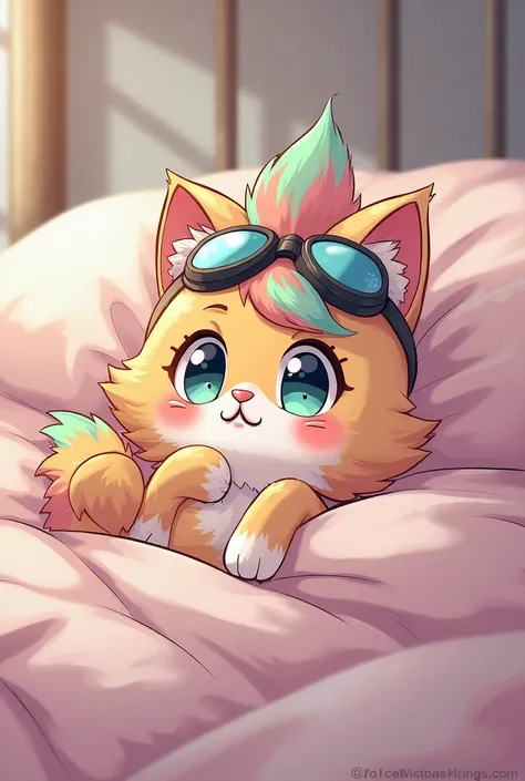 Anime cat neco arc fluffy hair with goggle on the head get pinned down on the bed