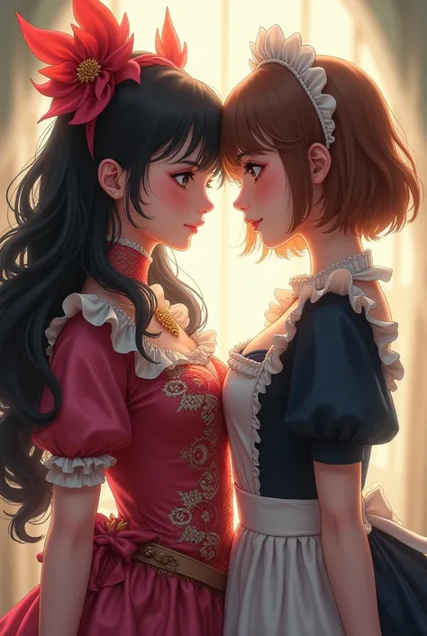 A girl with wavy black and long hair wearing a costume next to a girl with brown and short hair wearing maid uniform