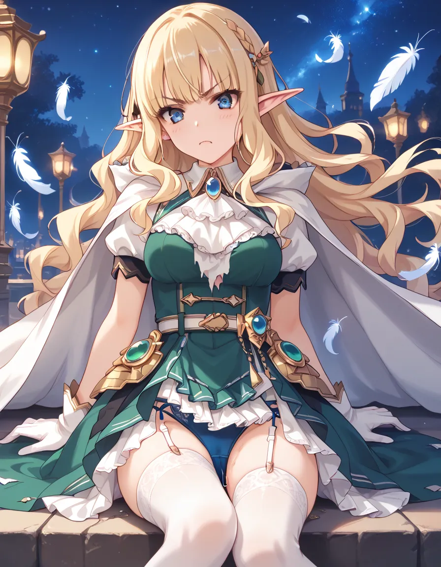 anime-style illustration, best quality, masterpiece, 1girl, bright blonde hair, long wavy hair with neatly cut straight bangs, pointed ears like an elf, vivid blue eyes, gold hair ornament with a white feather, black ribbons tied on both sides of her hair,...