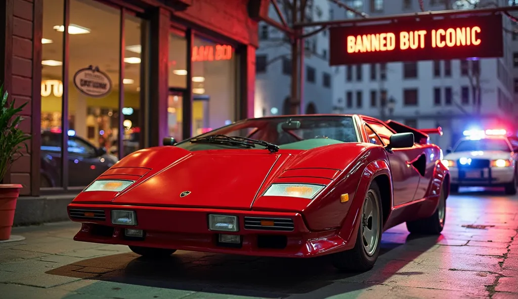 (Vehicle: Lamborghini Countach LP5000 | Color: Rosso Red | Showroom/Police Scenes | Far Distance) Final Scene:
"Red Countach in showroom exit, police car outside with flashing lights, ‘BANNED BUT ICONIC’ banner, 8K resolution."