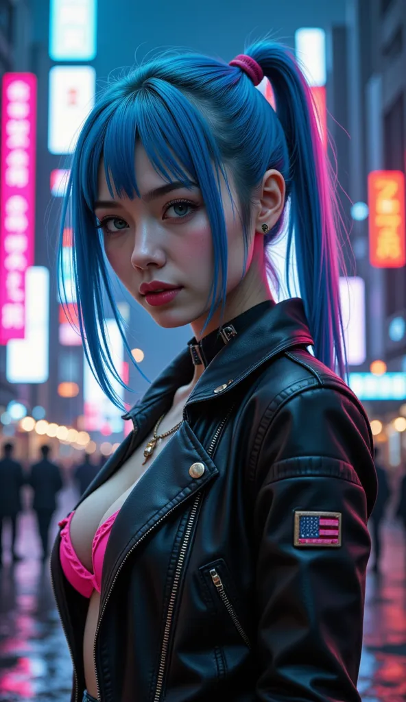 oscuridad, luces de neón, plano gran general, cuerpo entero, anatómicamente correcto, hiper realista:1.5, A beautiful cyberpunk girl, detailed face with big expressive eyes, long eyelashes, small nose, full lips, blue hair with neon pink highlights, futuri...