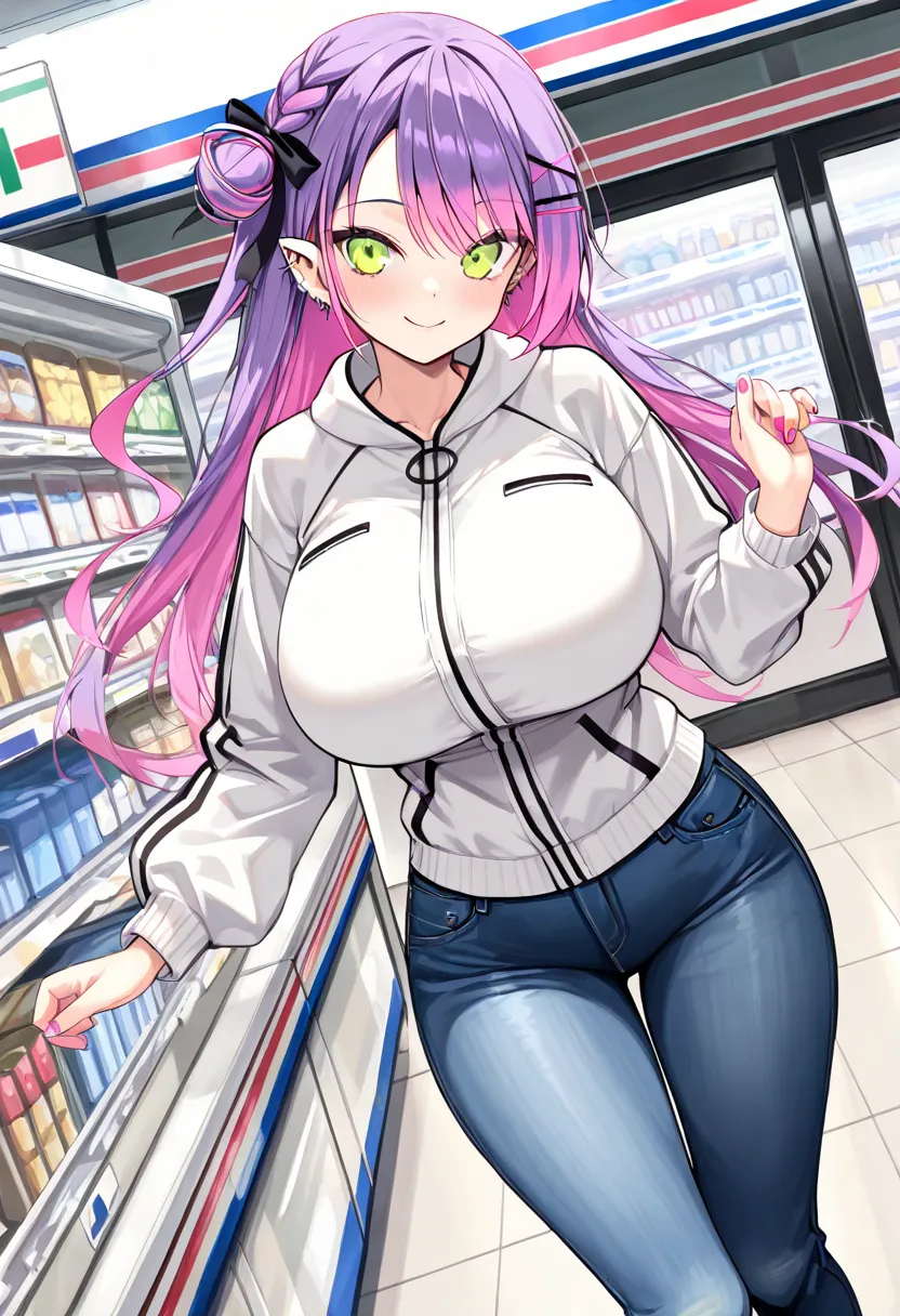 (highest quality , 8k , masterpiece , incredibly absurdres , perfect body , super detailed skin , highly detailed eyes and face , 1 woman ) , tokoyami towa , purple Hair , Green eyes , smile ,  will be happy , ( Casual Chic Style , Perfectly Fitted Jeans ,...