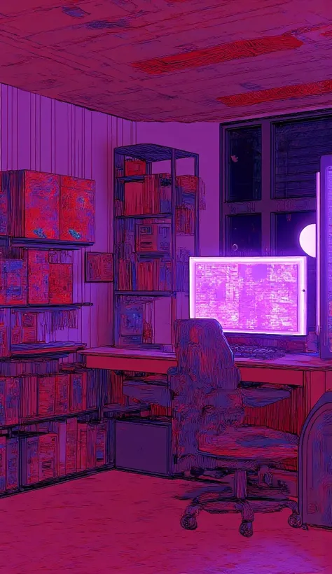 High resolution digital image, Raphael's painting of a bedroom with a wooden bookshelf and a wooden desk, and a computer placed inside the bedroom, and a glowing purple face clip placed in cyberpunk style, 3D animation, the elements are all neon.