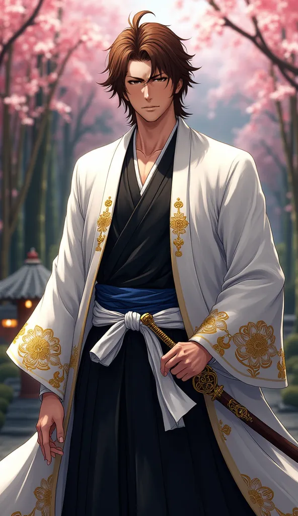 "Ultra-realistic, photorealistic full-body portrait of Sōsuke Aizen from Bleach , rendered in 8K resolution with cinematic depth of field and ray-traced lighting. He stands in a commanding pose, exuding calm authority, with flawlessly detailed wavy chocola...