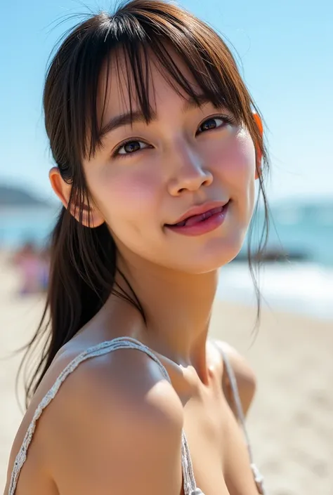 (8k、    RAW photo  、   top quality 、  masterpiece :1.2)、(Genuine、   photorealistic to tilt your head to the left:1.37)、    1 girl 、   Japanese   、Age 25、woman、    ocean、( sandy beach)、    natural light、    photon mapping 、  radiosity、         lots of dark ...