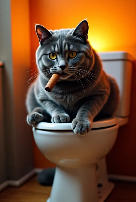 Create an image for me. Let this image be ultra realistic. Let it be a grey-colored british cat doing the toilet. Keep the toilet lid open and the cat's feet clawed Sit on the rock that will hang from the chair. At the same time let this cat be fat, have a...