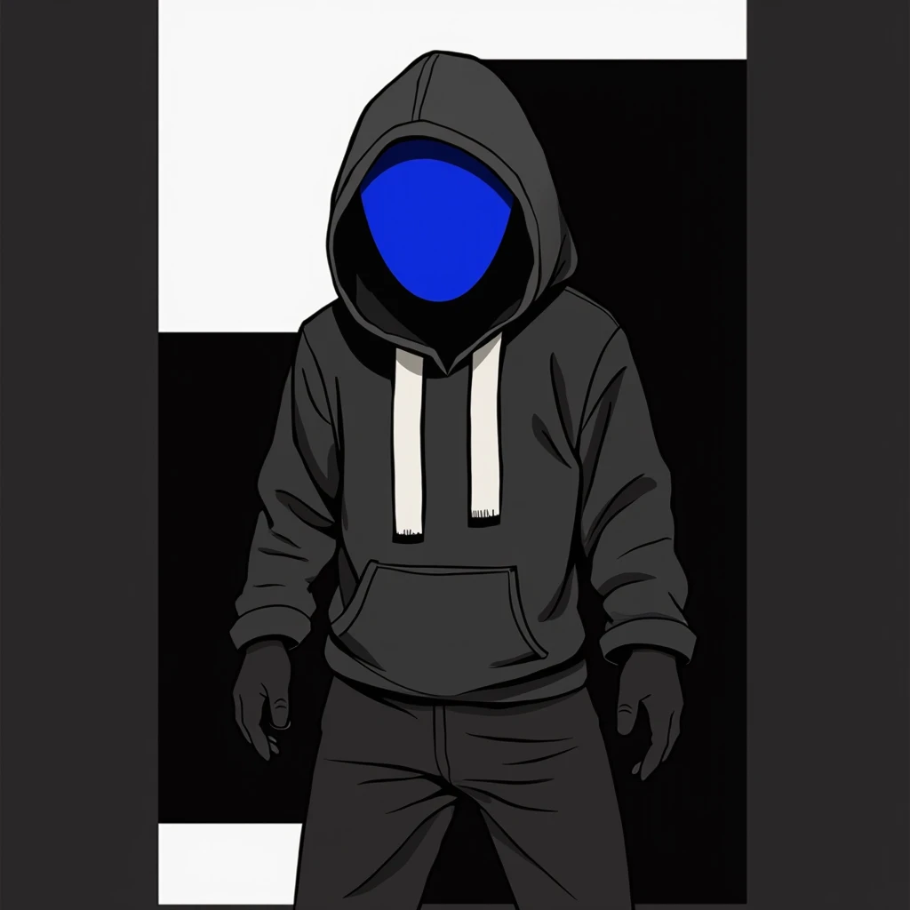 Draw  Blue stick man, with black hoodie with the hood up anf black pants, making diferent gestures