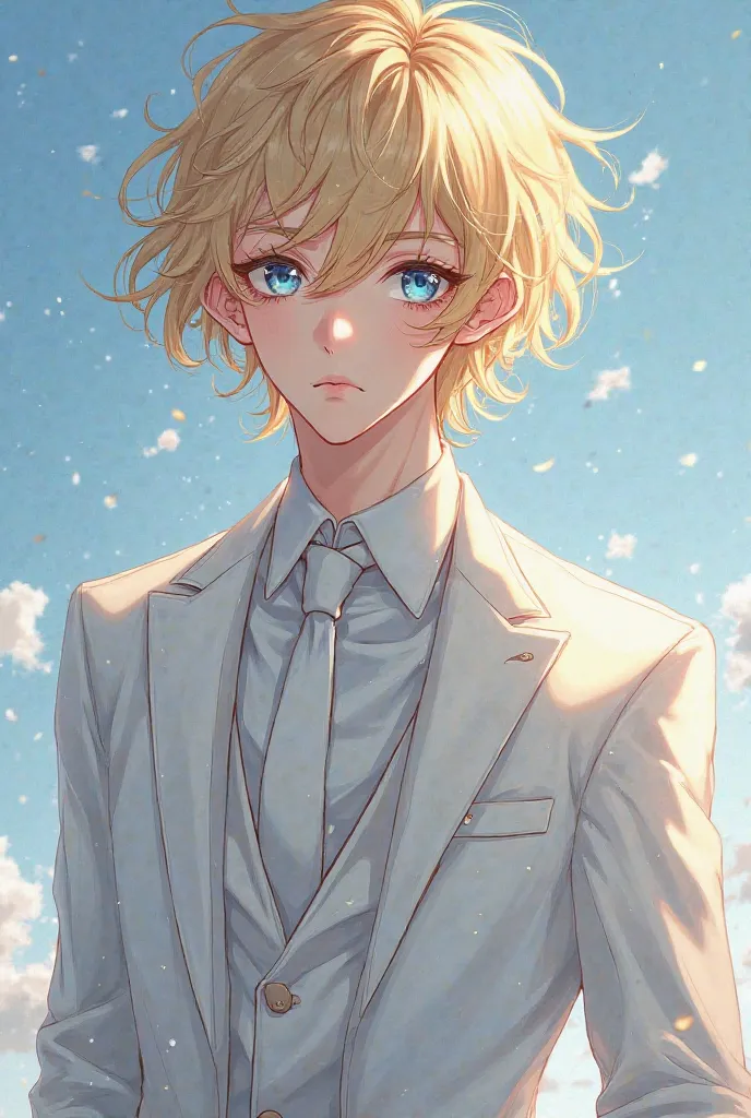 Anime Fallen Order shows Izucke a beautiful man who looks like a woman in white suit with tie blond curly hair blue eyes 