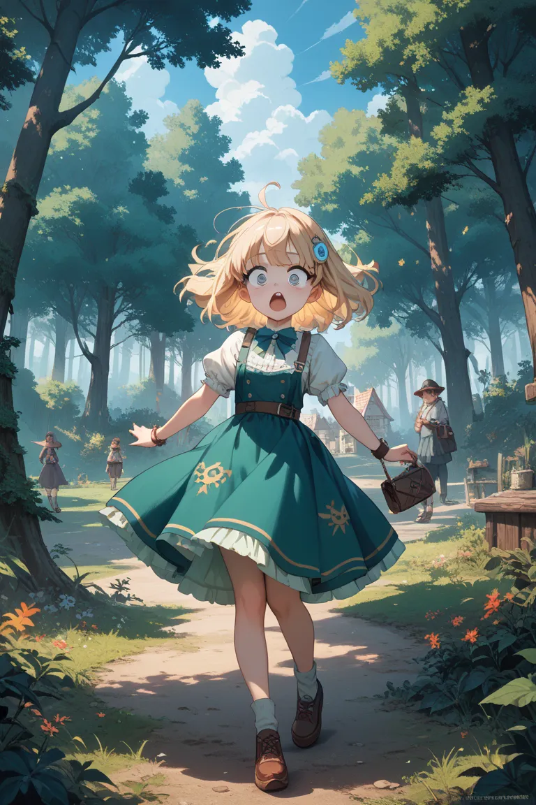 cute anime style with big eyes, one adult skinny body blonde village girl with simple dress and very flat belly, shocked face, covered by thick billowing magical smoke from a mysterious witch, with swirling smoke clouds around, western dark forest with tal...