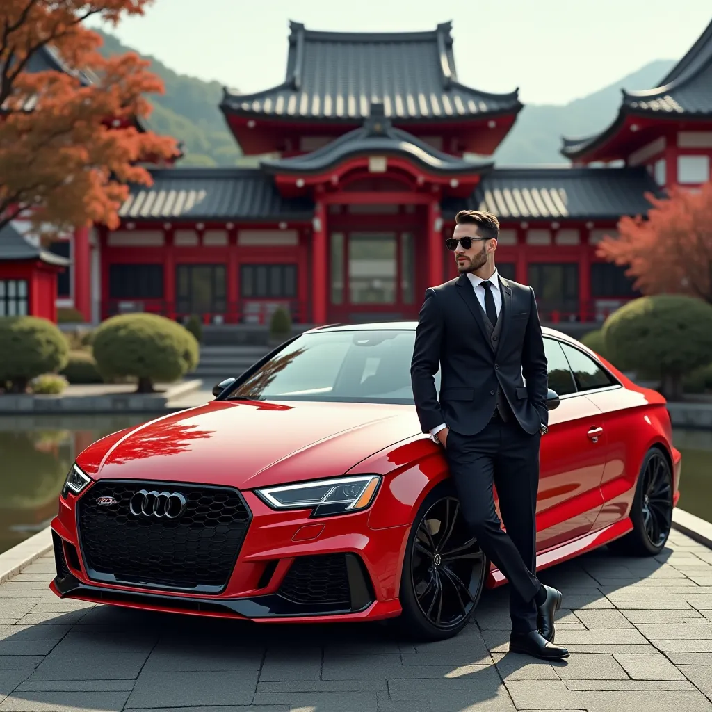 Sexy man with an Audi rs3 sideways with a red zen temple background