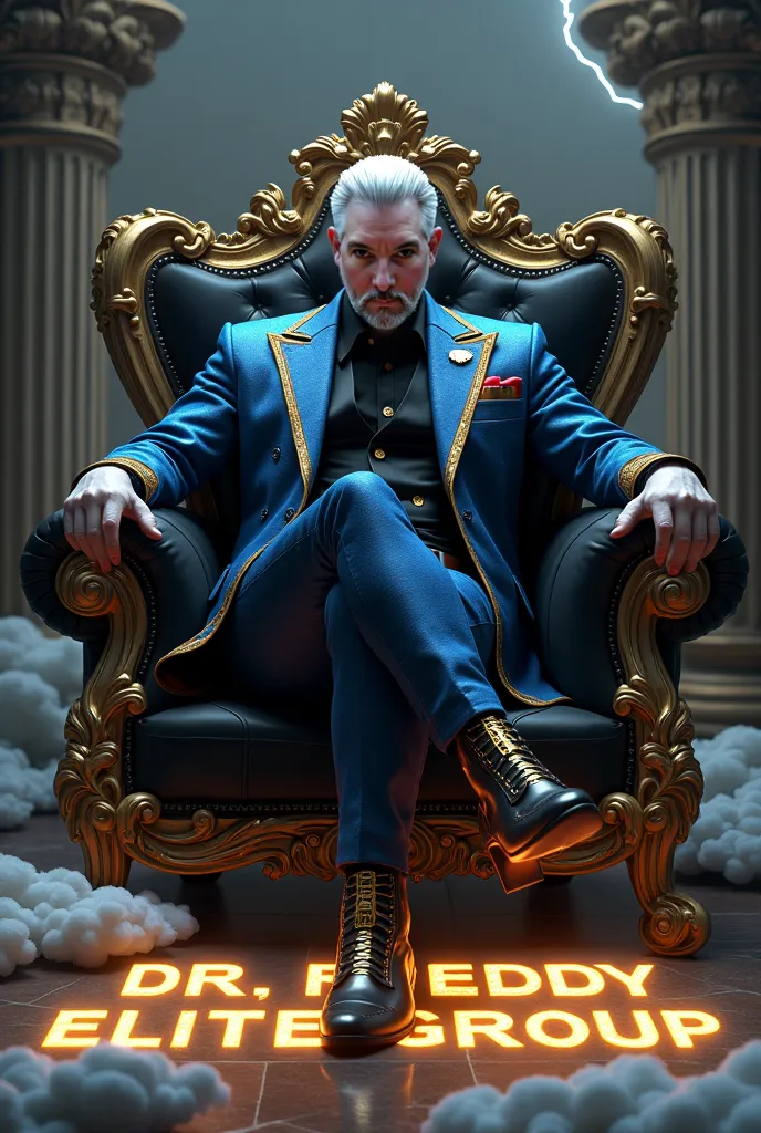 A manly man with white skin, , very short silver hair, well-groomed and brown eyes, dressed in a royal blue or gold baroque suit,   black shirt, high black and gold boots, sitting on a sofa with a black throne with gold, with her leg crossed  , a, his side...