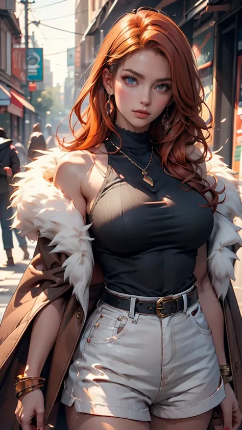  หญิงสาวWhite skinอายุ 24 ปี 、 Long eyelashes、 Eyeshadow、 Lip gloss、 Orange-red hair、  with emerald green eyes、 White skin 、 Sexy plump figure、 Low-waisted denim shorts、 Fur Tassel Hanging Leather Belt、y2k、2000s Fashion 、