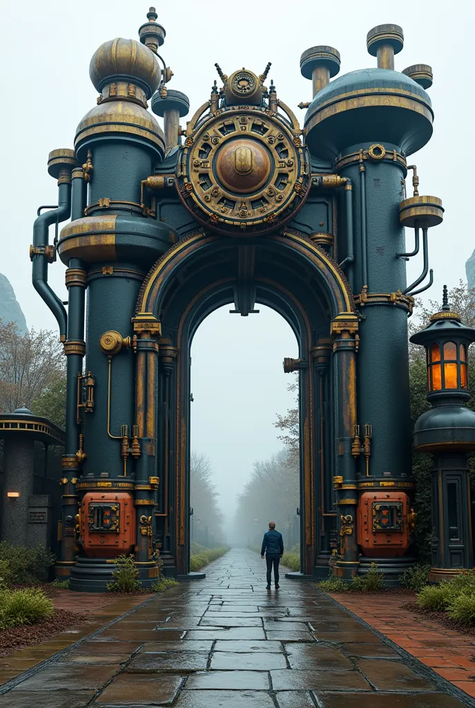 Draw a 5m high entrance gate designed from 21cm diameter plastic pipes, steampunk style design