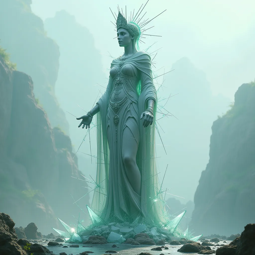  This is a digital artwork featuring a stylized, surreal image of a a statue of a woman in ceremonial dress made entirely of shattered glass.