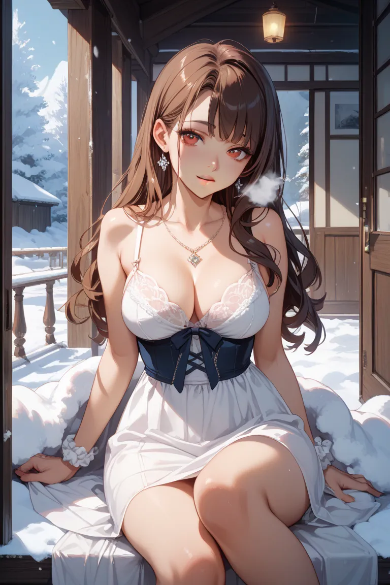 I have long hair and I'm putting it down，A girl with red eyes and a beautiful face、red glossy lips、Oshitakoshi、Sit with slender legs 、A dress with a wide bra，Brown Beauty，　True face，Overflowing with smiles，snow，sexy，Warm room，White Breath