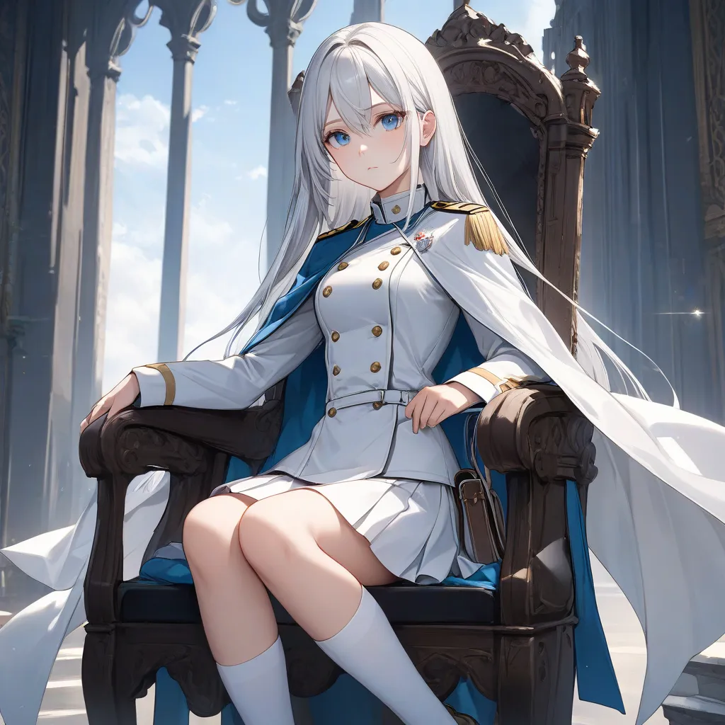 High resolution, high quality, HD, beautiful female, 1 female, beautiful, ager, expressionless, kuudere, medium breasts, long straight hair, silver hair, white hair, blue eyes, white military uniform with a cape, white skirt, short skirt, knee high socks, ...