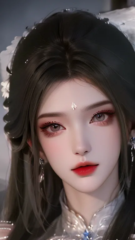 In a fantasy world ， The live-action version of Lu Xueqi descends like a fairy 。  She wears a long , Ice blue dress ， Her dress flutters in the wind ， as if blending into the surrounding clouds 。 She has a pretty face ， skin is fletenible ， Her eyes are cl...