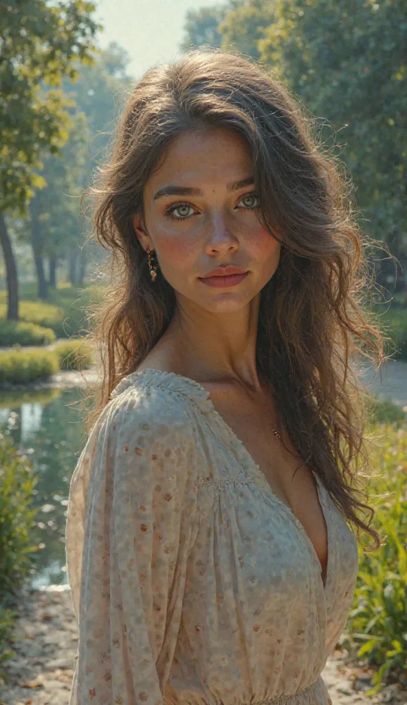 Create an image of a pretty woman of about 25 years old with a slightly snub nose, blue eyes and smoky hair color walking in the park, made in the style of photorealism