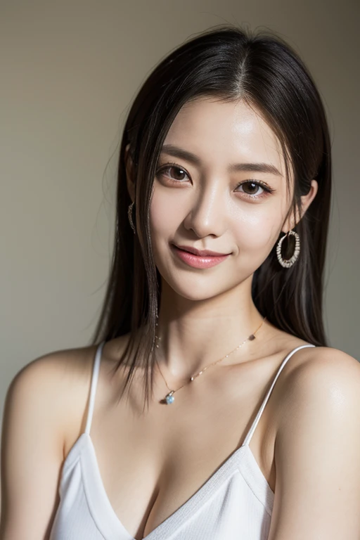 high quality,high image quality,realistic,live-action,anatomically accurate, photos撮影,beauties,Japanese woman, confident eyes,big eyes,Cat Eyes,,kind smile,necklaces,earrings,flat chest,tank top,upper body up,masterpiece,8k,Extreme detail,professional,brig...