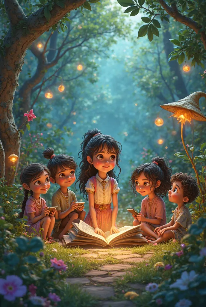 Drawing of an enchanted garden with Aria, a girl together with other ren who are all different and she is telling a story.
