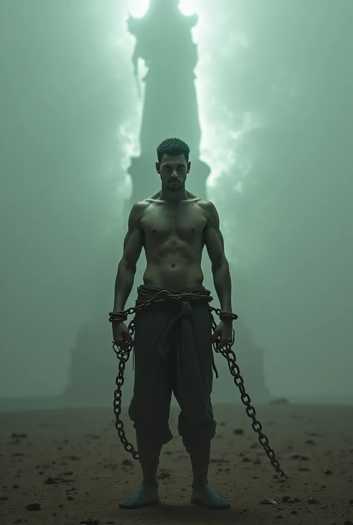 A person with chains on his hands in the background a glowing figure on a tall tower