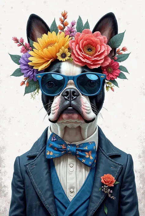 "Uma ilustração digital hiper-realista de um cachorro buldog francês branco e preto usando um terno blue   ,  clothes with a lot of elegance, wearing a beautiful bow tie with a butterfly print sunglasses with a translucent lens and lots of flowers on the h...