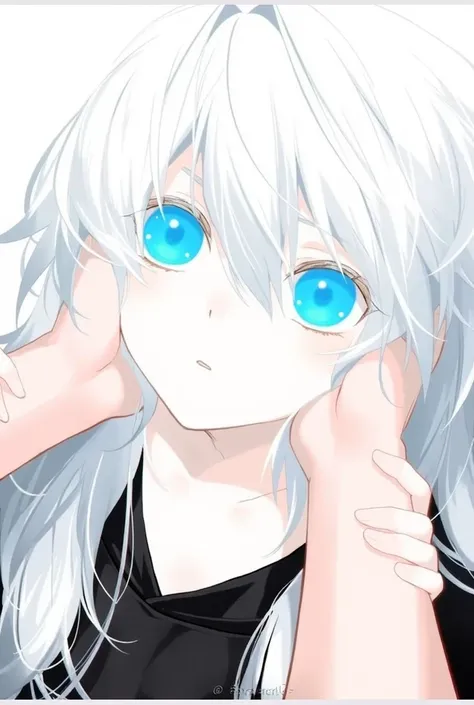 A boy anime character, white hair, long hair,  straight hair, blue eyes, beautiful, design,  Japanese anime .