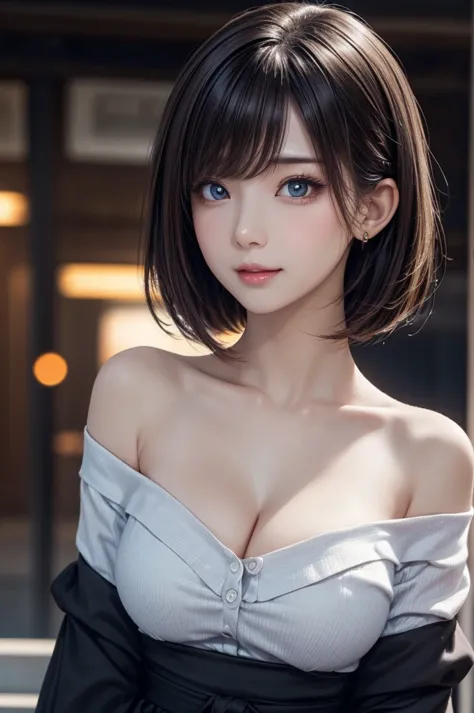 1girl, angled view, straight bob hair, ultra-realistic, highly detailed, high resolution, (high quality, masterpiece:1.2), wearing a off-shoulder blouse with ruffled sleeves, black skirt, Ultra-detailed eyes, perfect eyes, beautiful detailed face, natural ...