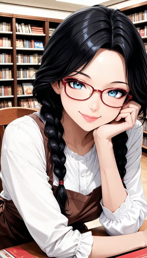 sexy women, fashion model figure, black hair, loose braids , Red Framed Glasses, ( Smile), Secondhand Bookstore Clerk, blouse, Brown Apron, beautiful eyes, beautiful lips, very detailed目と顔, long eyelashes, (face close-up), with a shallow depth of field:...