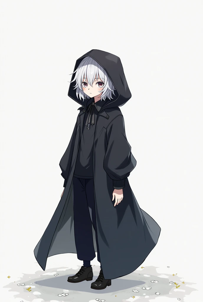 black hooded boy cute white hair sd japanese style small light skin color full white solid color background chic feeling