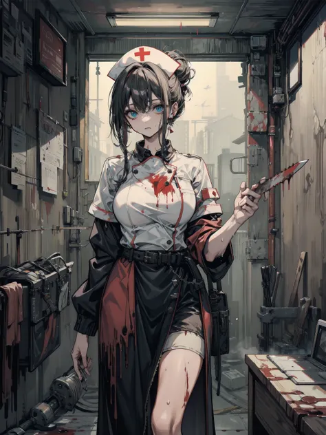 earring, big breasts, narrow waist, short hair, wavy hair, hair behind ear, half updo, black hair, sweat, cowboy shot, looking at viewer, indoor, blood, blood splatter, blood on clothes, blood stain, hospital, nurse uniform, have a chainsaw, zombie,