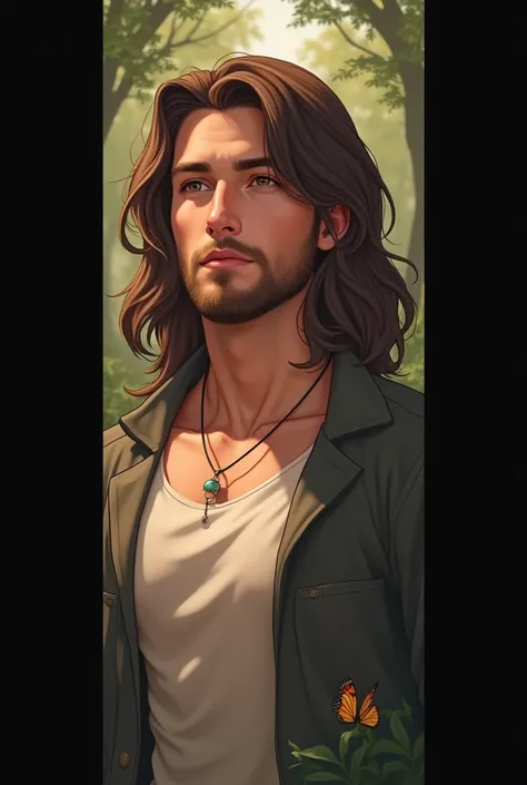 A young man,  30 years old, wearing a, long hair, brown eyes, thin beard,