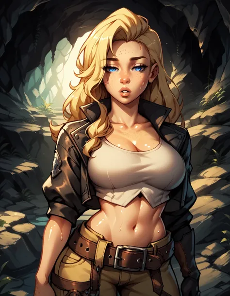 score_9, score_8_up, score_7_up,score_6_up, score_5_up, score_4_up , 1girl, solo,  
large breasts,
GemmaDG,
long hair, blonde hair, freckles, asymmetrical hair, blue eyes, 
cropped jacket, boots, belt, pants, crop top, open clothes, single glove,
upper bod...