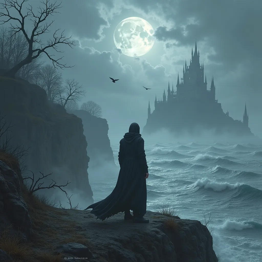 Scene Description for Sovran by Draconian:

The boy stands in the center of the frame, his back to the viewer, wearing a long black cloak with a hood that drapes over his shoulders, slightly lifted by the cold wind. Beneath it, a dark tunic and leather boo...