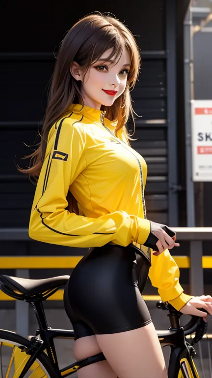 woman , long hair brown, normal, dark, she is solo, from alternative world ,best quality, realistic, cycling (full light yellow color) suit and cycling sports black shorts, she is stand , smile, red lipstick , 