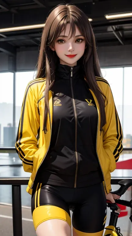 woman , long hair brown, normal, dark, she is solo, from alternative world ,best quality, realistic, cycling (full light yellow color) suit and cycling sports black shorts, she is stand , smile, red lipstick , 