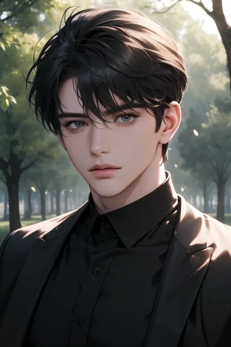 (best quality, ((masterpiece)), beautiful detailed Eyes, 8K resolution, cinematic lighting,detailed clothes,Semi-realistic),1 handsome man, cool, 25-year-old,((bangs)) (bunt bangs hairs),black hair,(black collared shirts),in the park