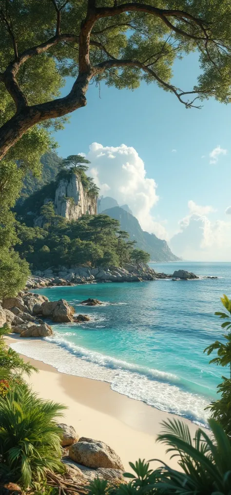 une ile paradisiaque, mer cristalline, lumère fin de journée, grand ciel bleu sans nuage, quelques lègére vague, végétation luxuriante, masterpiece, hight details, 8k, ((rendu photographique époustouflant))